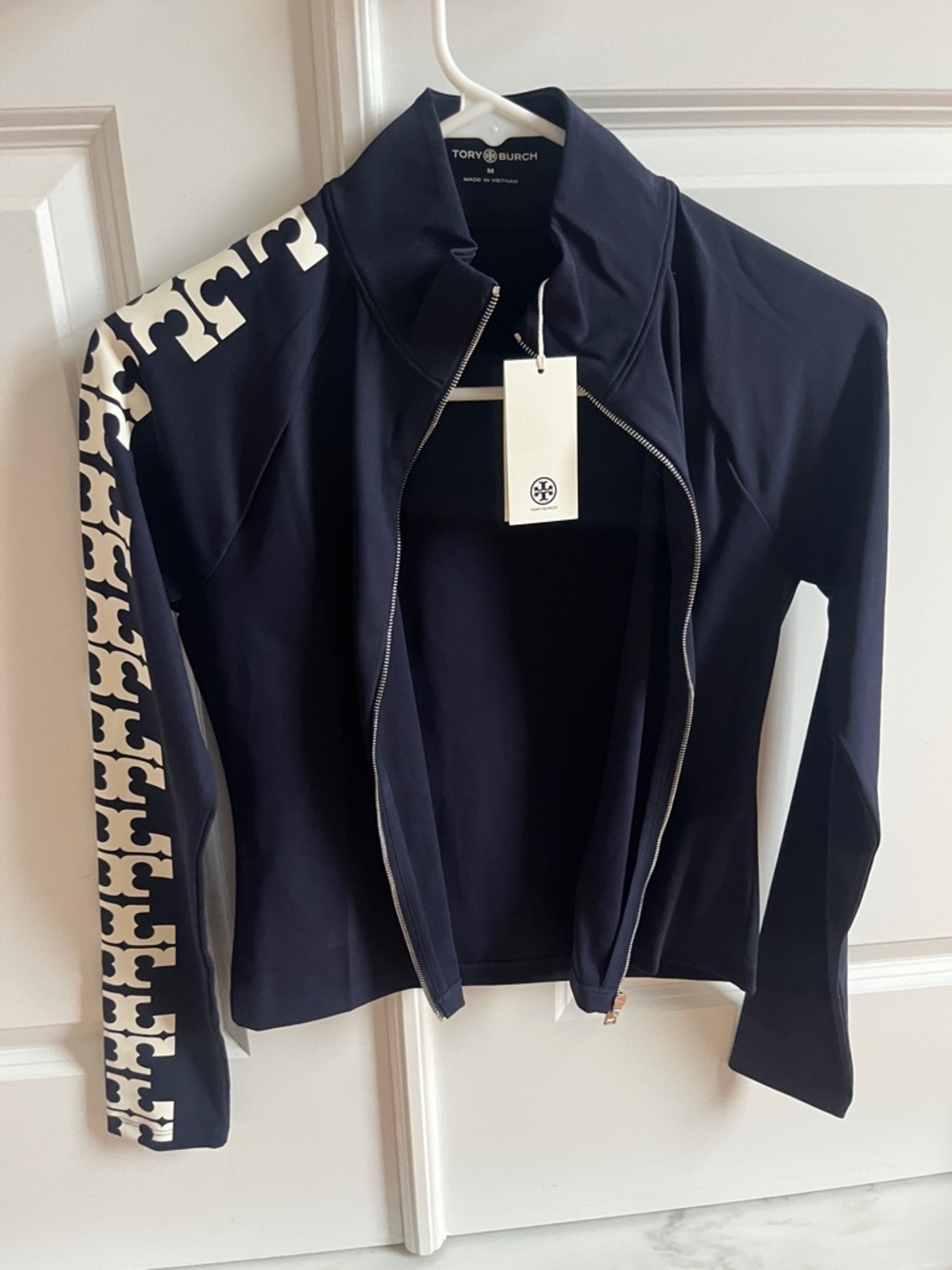 Tory Burch Navy Zip-Front Jacket with Cream Logo Trim